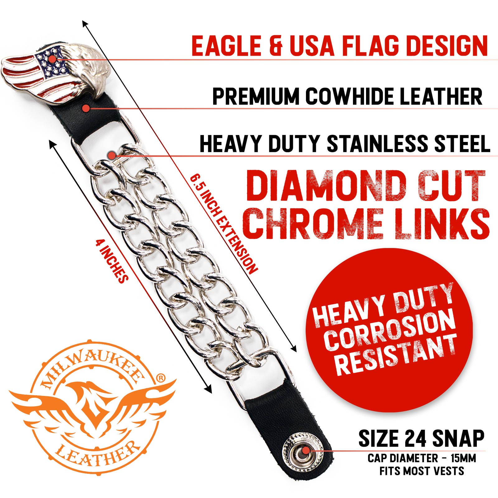 Milwaukee Leather Eagle Flag Medallion Vest Extender Double Chrome Chains Genuine Leather 6.5" Long 4-PC MLA1005-Single