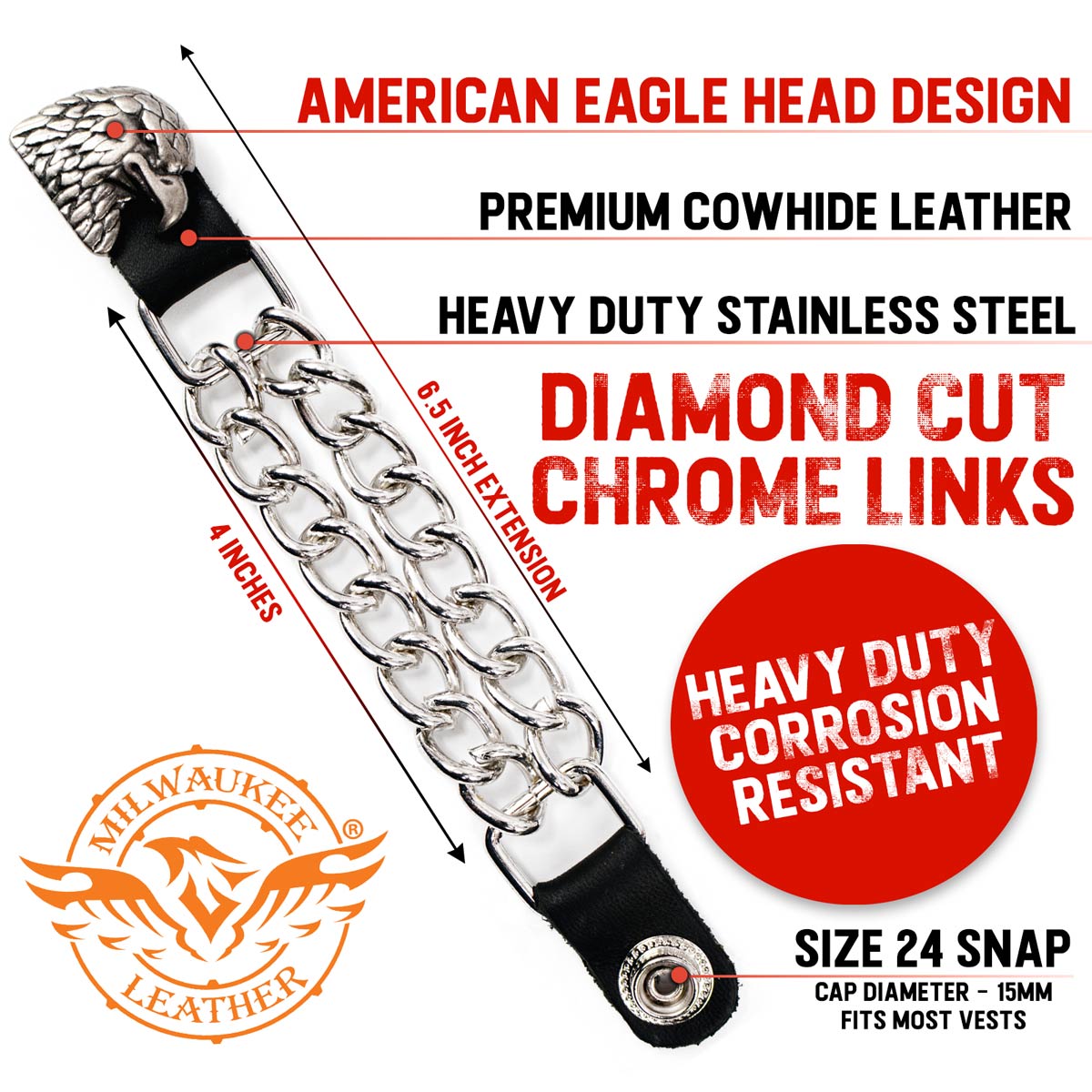 Milwaukee Leather Eagle Head Medallion Vest Extender - Double Chrome Chains Genuine Leather 6.5" Extension MLA1011-Single