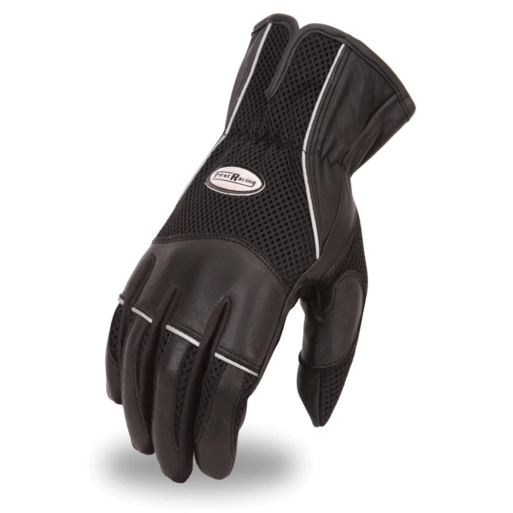 Thunder Men's Motorcycle Leather Gloves Leather-Mesh combination glove with highly reflective piping, gel palm and breathable liner