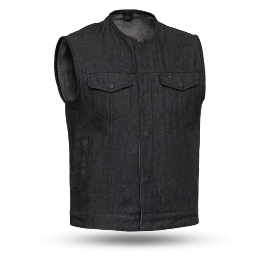 Haywood Men's Black Denim Canvas Club MC Motorcycle Vest Low Collar Double Chest Pockets Front Zipper Covered Snaps Solid Back