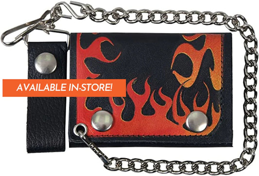 4 Flame Tri-Fold Wlb1003 Black Leather Tri-Fold Wallet With Chain Hot Leathers Wallet