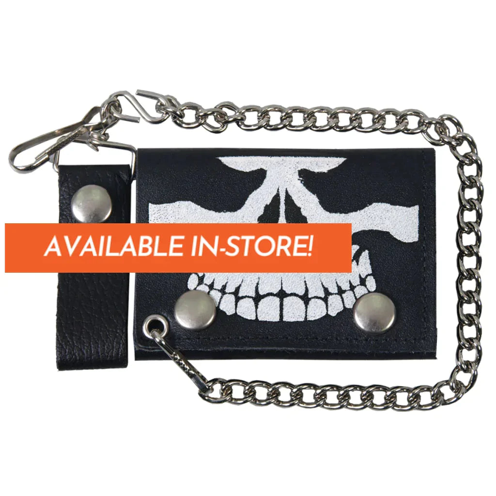 4 Skull Tri-Fold Wlb1003 Black Leather Tri-Fold Wallet With Chain Hot Leathers Wallet