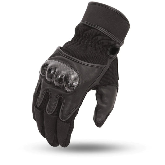 Hurricane Men's Black Nylon Leather Reinforced Racer Motorcycle Gloves Medium Cuff Elastic Wrist Carbon Knuckles Gel Padded Palm and Fingers