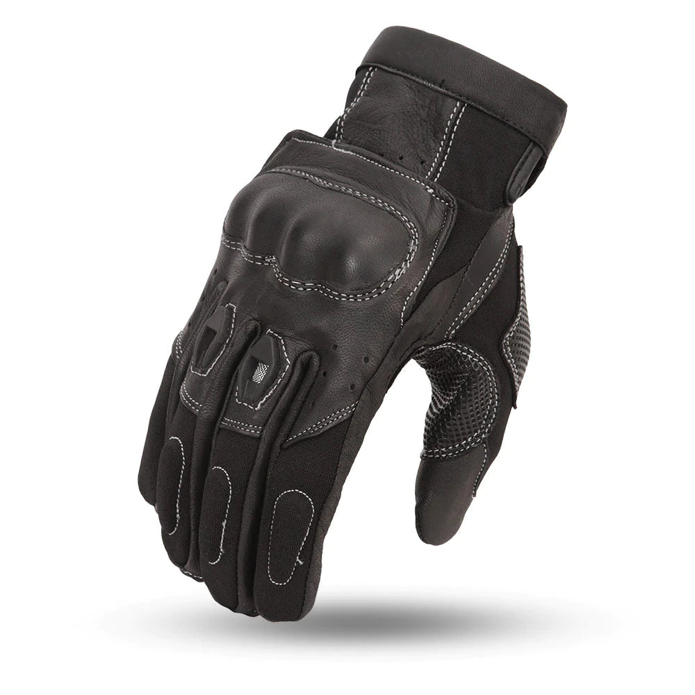 Extreme Black Leather Nylon Textile Reinforced Motorcycle Riding Glove Racer Style Short Cuff Carbon Knuckles Vented Fingers Padded Palm