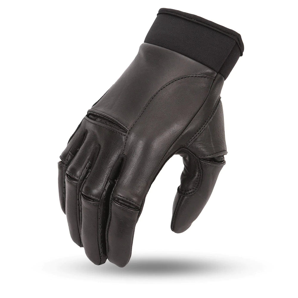 Raptorex Men's Solid Black Sport Racer Leather Motorcycle Glove with Short Elastic Cuff Vented Perforated Pockets Gel Padded Fingers and Palm
