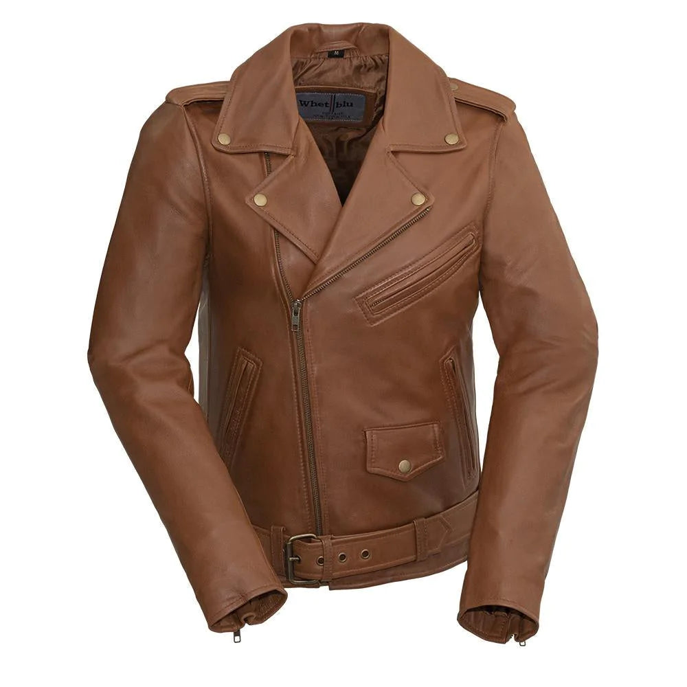 Rebel women's antique whiskey brown classic leather lambskin motorcycle jacket with v-neck collar asymmetrical front zipper waist belt buckle single slash chest pocket