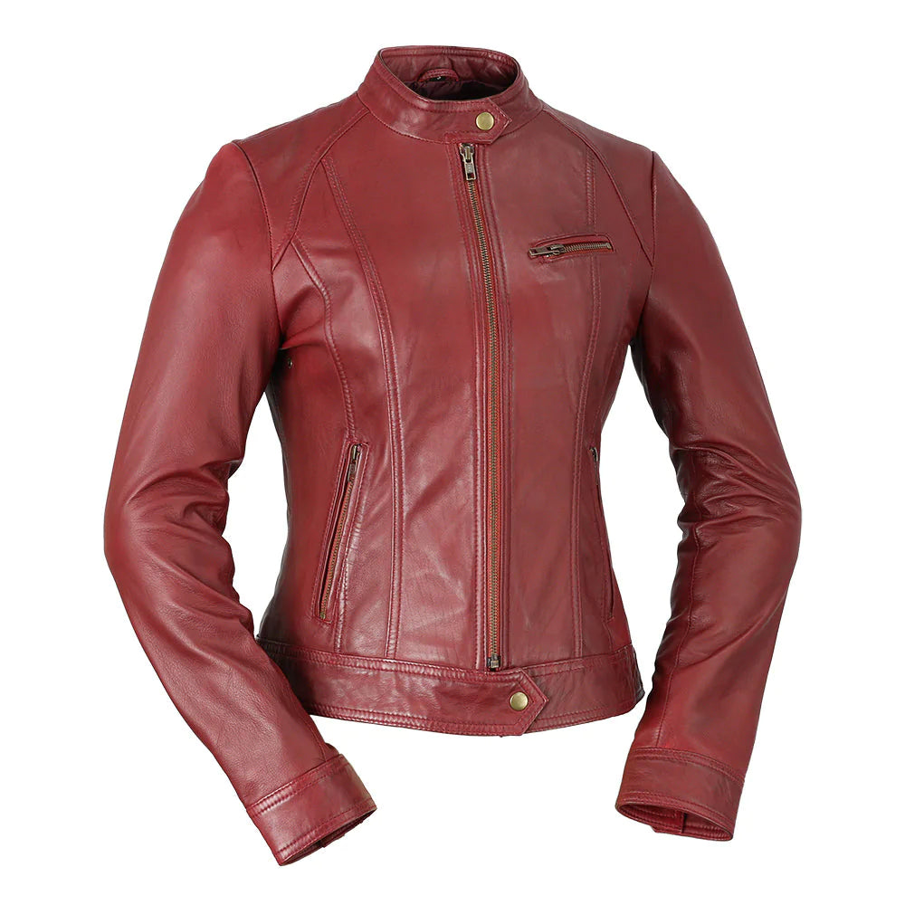 Favorite women's red european cafe scooter style fashion motorcycle leather with high snap collar front zipper waist snap single slash chest pocket