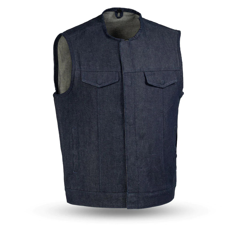 Haywood Men's Dark Blue Jean Denim Club MC Motorcycle Vest low collar double chest pockets front zipper covered Snaps