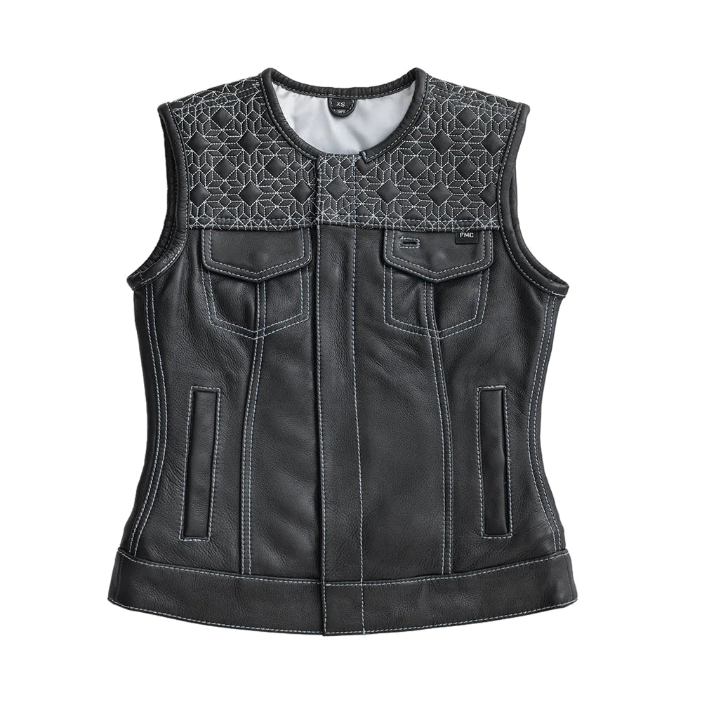 Angelite Women's Black White Quilted Motorcycle Leather Vest Front Zipper Covered Snaps White Liner Diamond