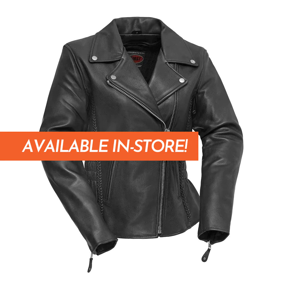 Allure Women's Black Leather Fashion Motorcycle Jacket with Classic V-Neck Collar Asymmetrical Front Zipper Sinched Braided Design on Side and Back
