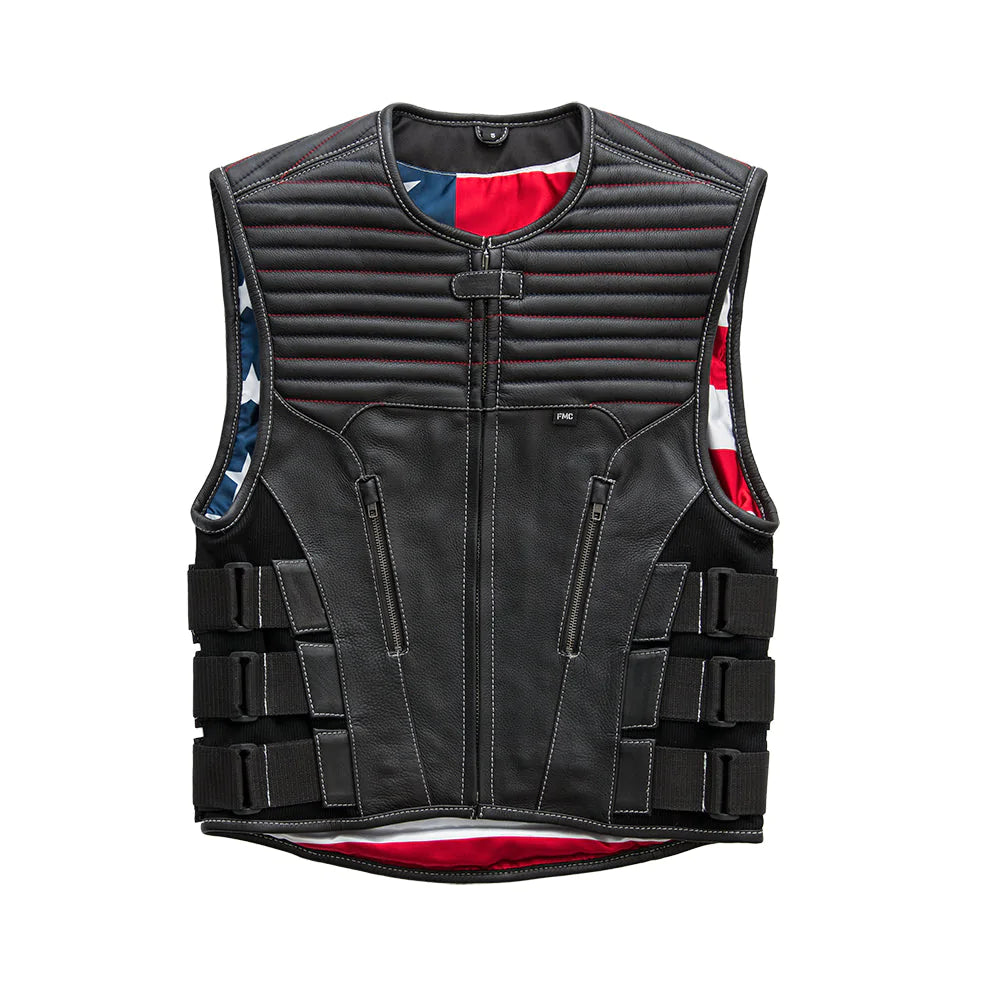 Anthem Men's black Leather Motorcycle vest low collar front zipper swat style adjustable side buckles american flag interior design