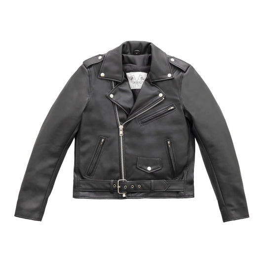 Cassandra Women's Black Vegan Leather Classic Motorcycle Jacket with V-neck collar Asymmetrical Front Zipper Waist Belt Buckle Single Slash Chest Pocket