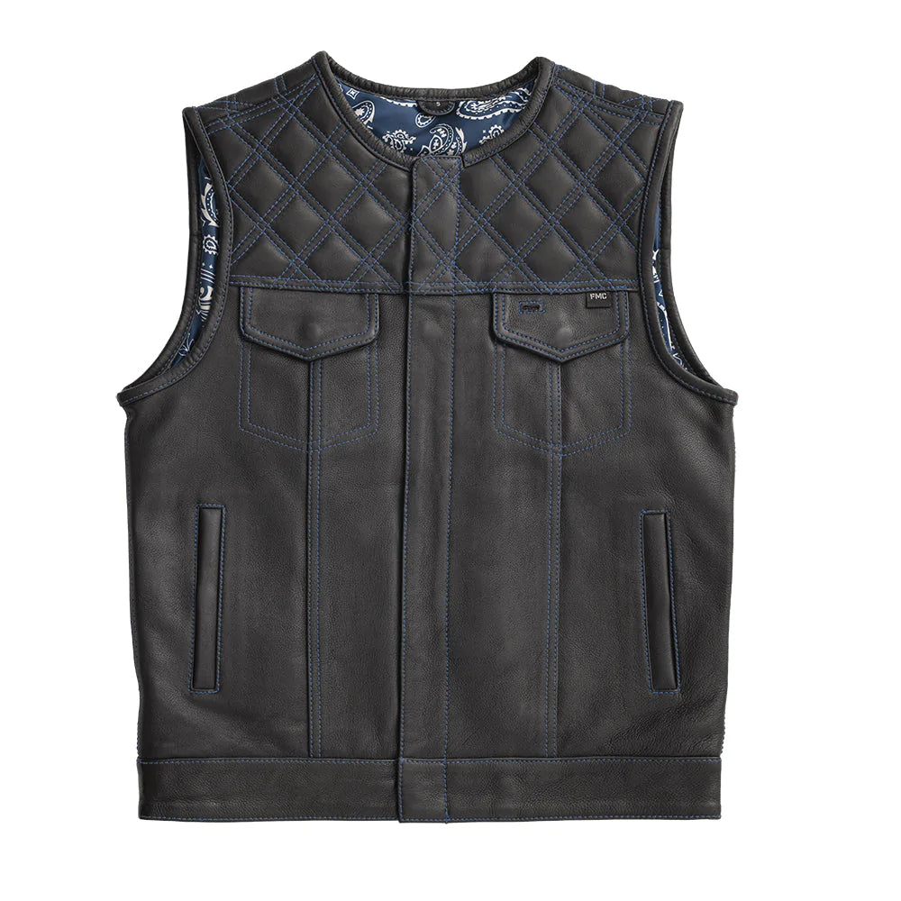 Whaler Men's Black Blue Leather Club MC Motorcycle Vest Low Collar Quilted Diamond Top Blue Stitching Paisley Liner Double Chest Pockets