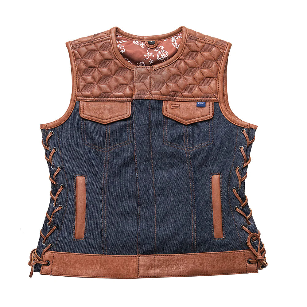 Blue Label Women's Club MC Style Motorcycle Leather Demin Vest Tan Blue Quilted Diamond Pattern Lace Up Sides Front Zipper Covered Snaps