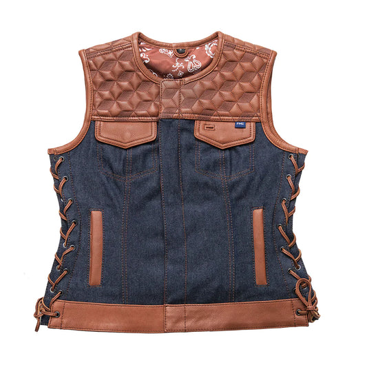 Blue Label Women's Club MC Style Motorcycle Leather Demin Vest Tan Blue Quilted Diamond Pattern Lace Up Sides Front Zipper Covered Snaps