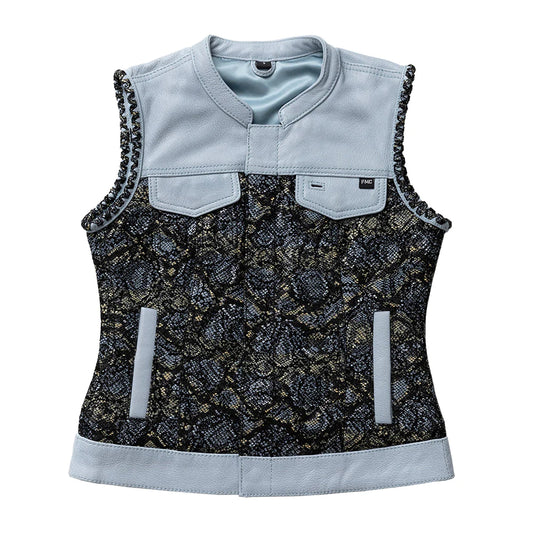 Blue Viper classic club mc blue black paisley women's leather textile motorcycle vest high banded collar front zipper covered snaps covered chest pockets