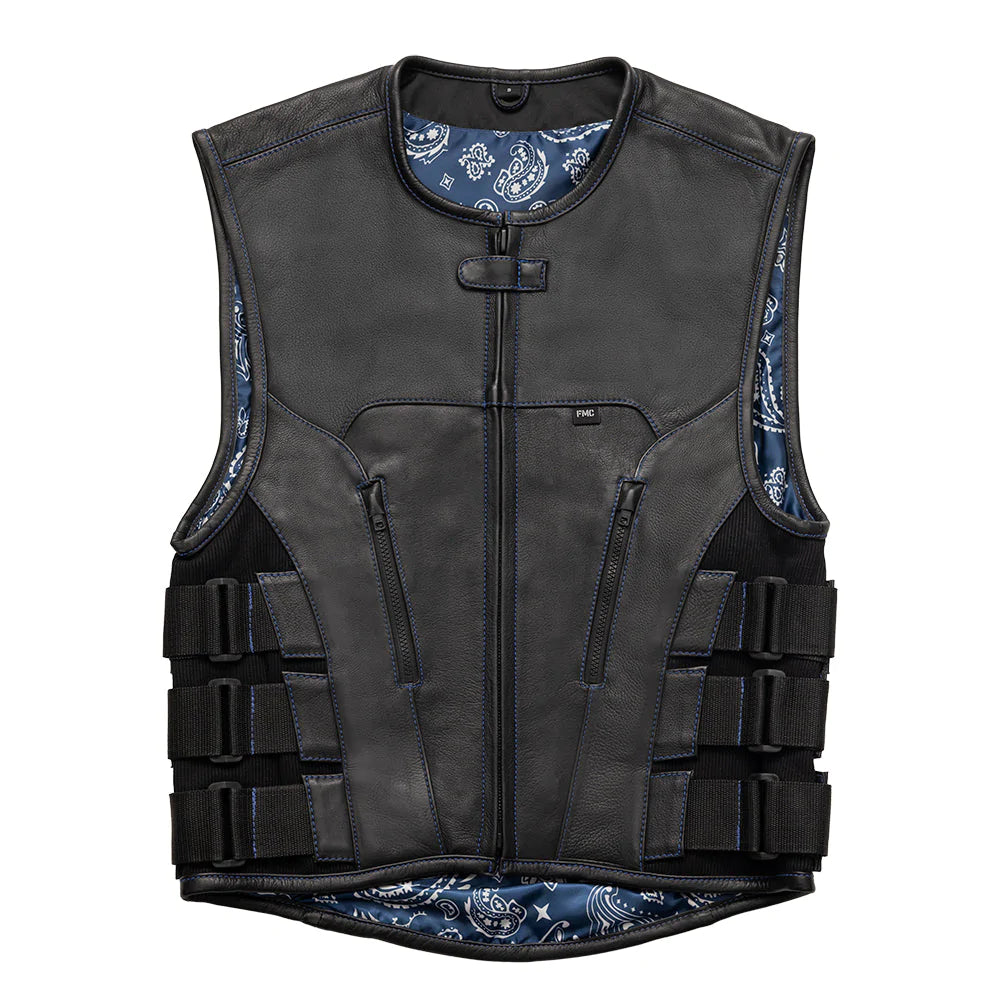 Boulevard men's club mc swat style black blue leather motorcycle vest with low collar front zipper adjustable belt sides paisley interior