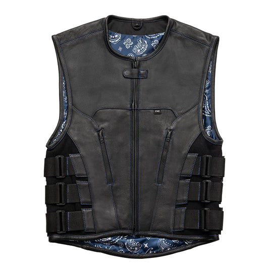 Boulevard men's club mc swat style black blue leather motorcycle vest with low collar front zipper adjustable belt sides paisley interior