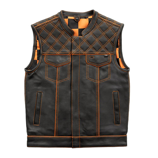 Orange Checker Black Leather Club MC Motorcycle Vest Orange Stitch Checker Liner High Banded Collar Double Chest Pockets Solid Back