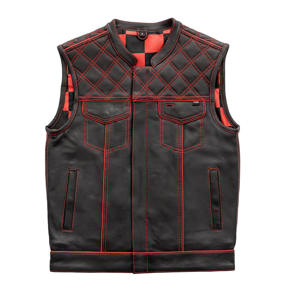 Red Checker Men's Black Red Heavy Cowhide Leather Club MC Motorcycle Vest Quilted Top Red Piping Stitching Checker Liner Double Chest Pockets Solid Back