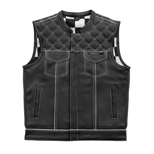 White Checker men's classic club mc black white leather motorcycle vest high banded collar quilted shoulders double chest pocket checker interior solid back