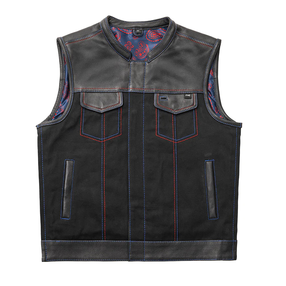 Colossus Men's Black Club MC Style Leather Canvas Motorcycle Vest with Blue Red Paisley Interior High banded collar front zipper with covered snaps