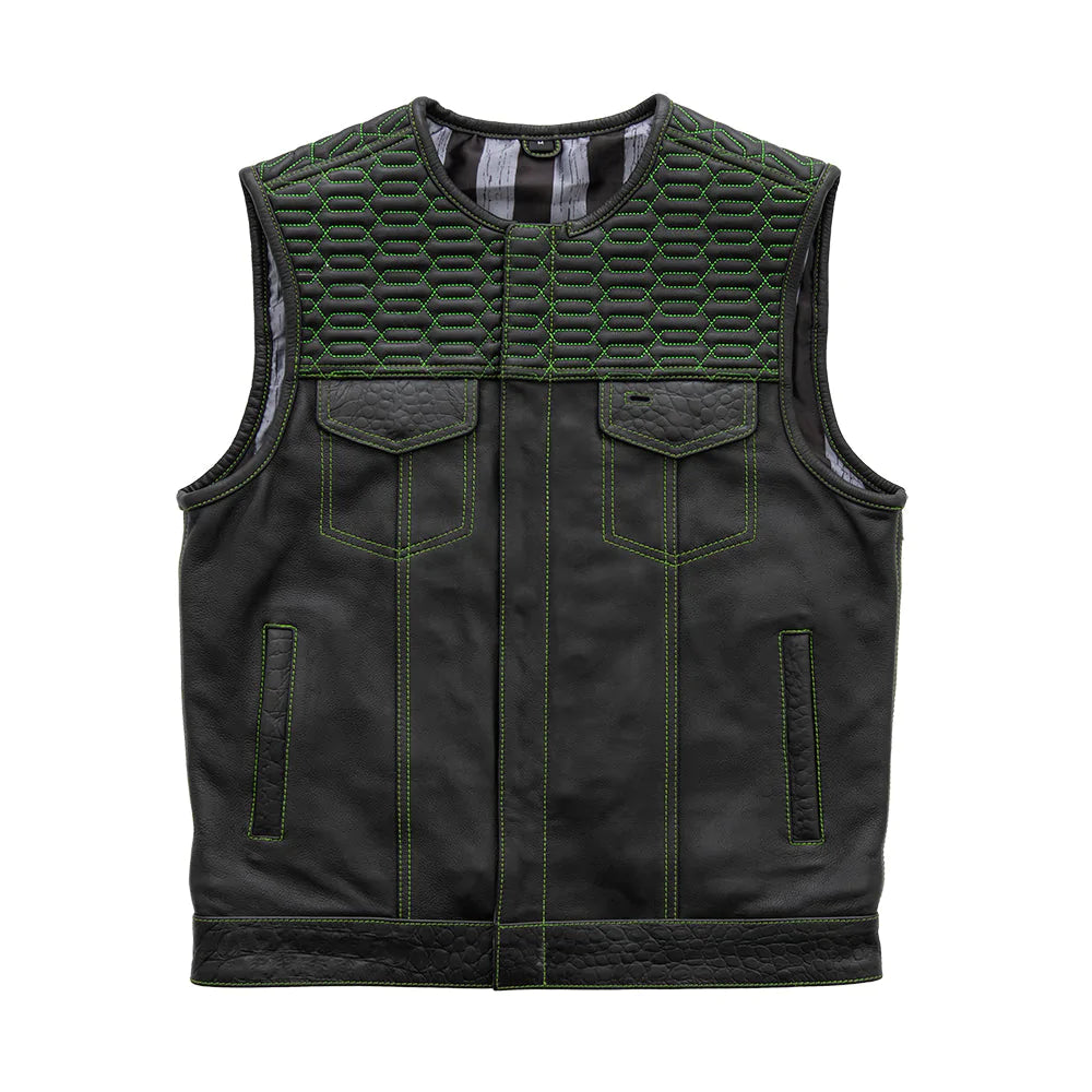 Crysis Black Club Mc Motorcycle Leather Vest with Green Snakeskin stitching pattern low collar
