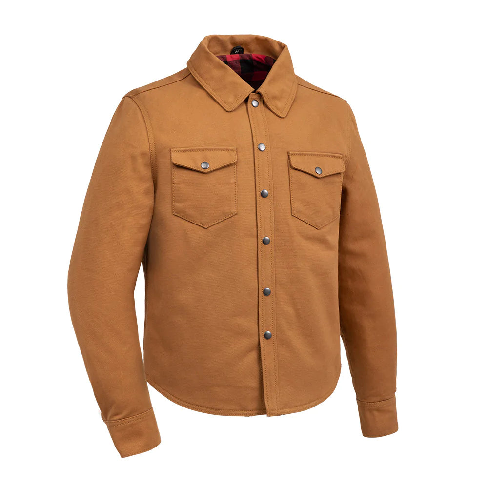 Brawn Tan Duck Canvas Motorcycle Riding Shirt with Front snaps high cuff collar flannel interior reinforced protection