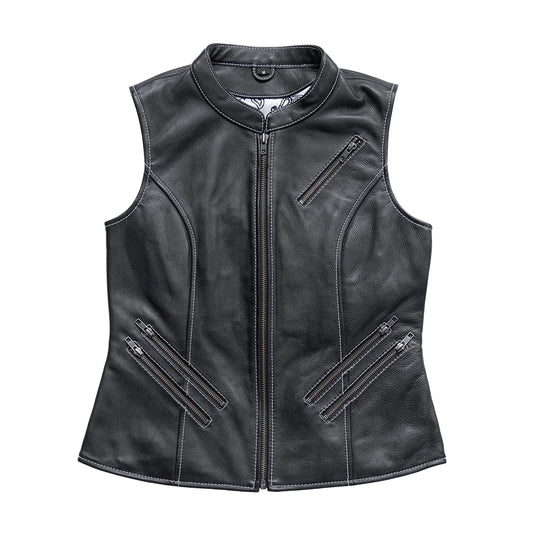 Quinn Women's Black Leather Club MC Motorcycle Vest High Banded collar zipper front double slash zipper pockets waist white paisley liner