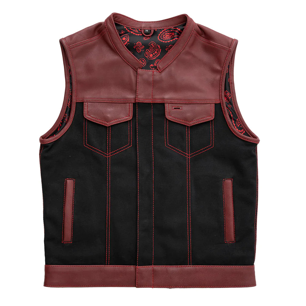 Crusher Men's Club mc style red black canvas and leather motorcycle vest with paisley interior high banded collar front zipper covered snaps