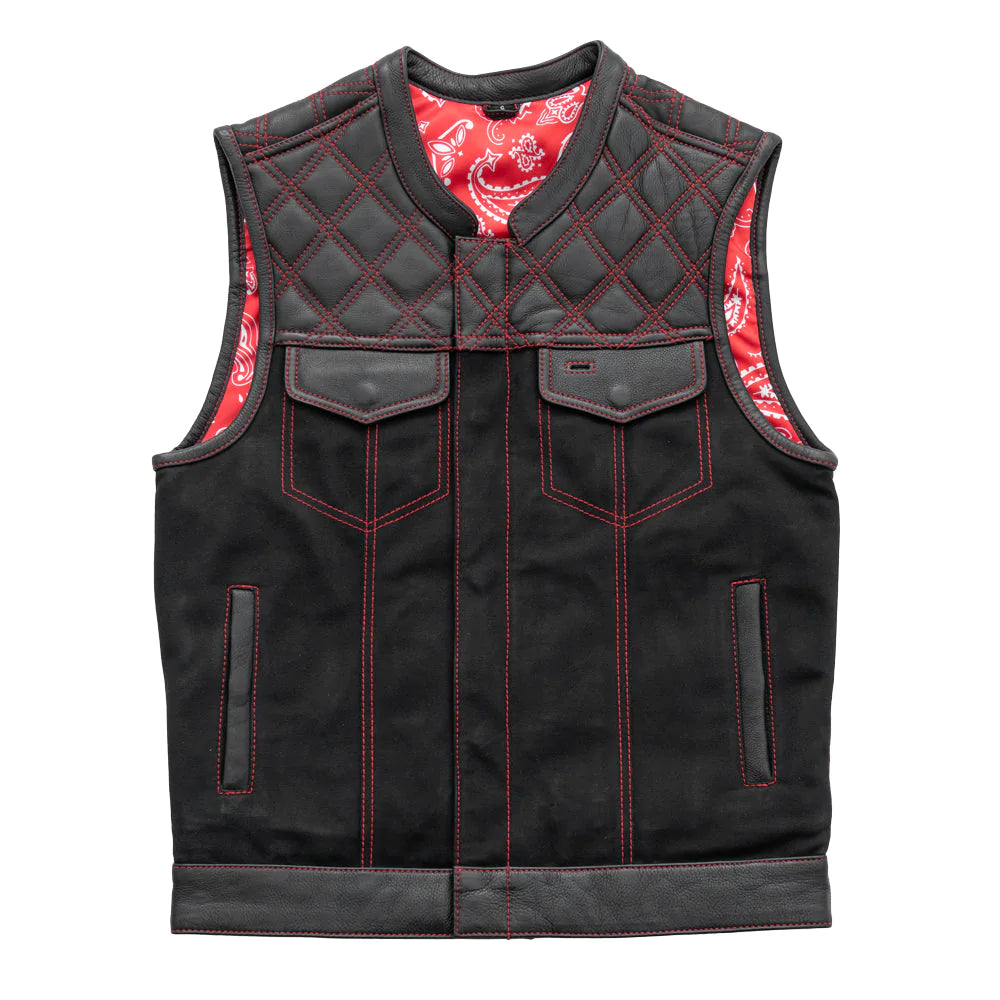 Wolf Pack Black Red Men's Motorcycle Leather Canvas Textile Quilted Vest Front Zipper Covered snaps red paisley liner high banded collar club mc