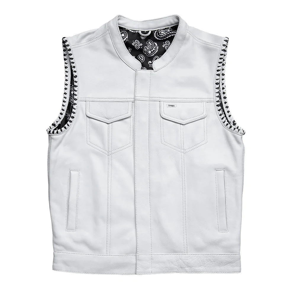 Bishop men's club style white leather motorcycle vest with banded collar paisley black interior double covered chest pockets front zipper covered snaps interior concealed pockets