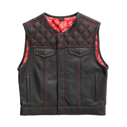 Nova Black Red Leather Club MC Motorcycle Vest Quilted Top Red Stitch Paisley Interior Liner Double Chest Pockets