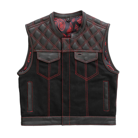Demon Club Men's Club MC denim canvas leather motorcycle vest black with red stitching quilted top paisley interior high banded collar
