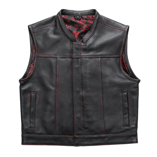 Slasher Men's California Short Black Cowhide Leather Club MC Motorcycle Vest Red Paisley Liner High Banded Collar Solid Front and Back