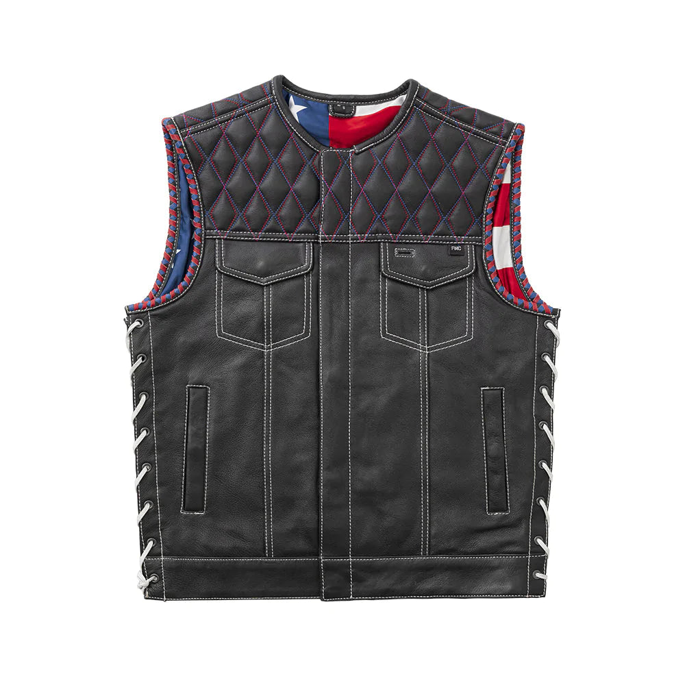 Captain Men's Club MC Black Leather Motorcycle Vest Quilted Top American Flag Interior Double chest pockets low collar