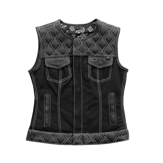 Striker Women's Black Leather Canvas Club MC Motorcycle Vest Quilted diamond top white stich design paisley liner double chest pockets no collar