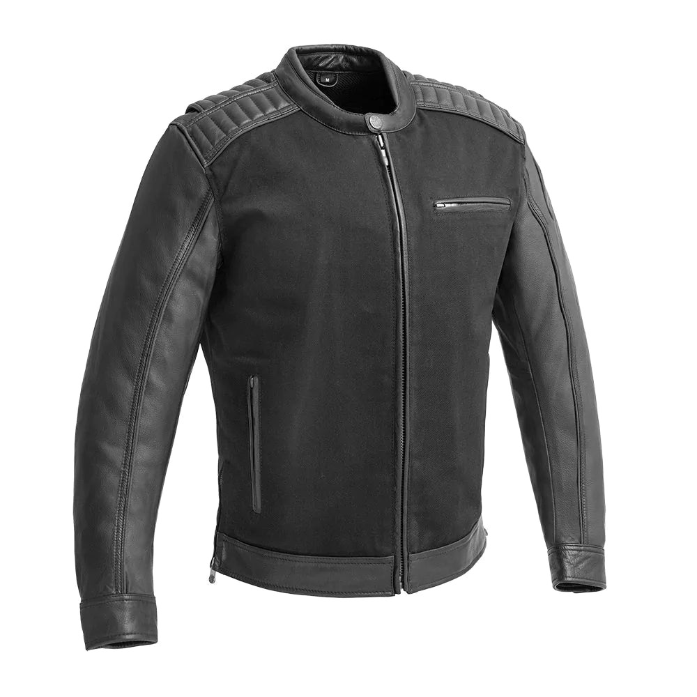Daredevil men's black twill canvas and leather cafe scooter racer style motorcycle jacket with armored shoulders low banded collar with snap front zipper