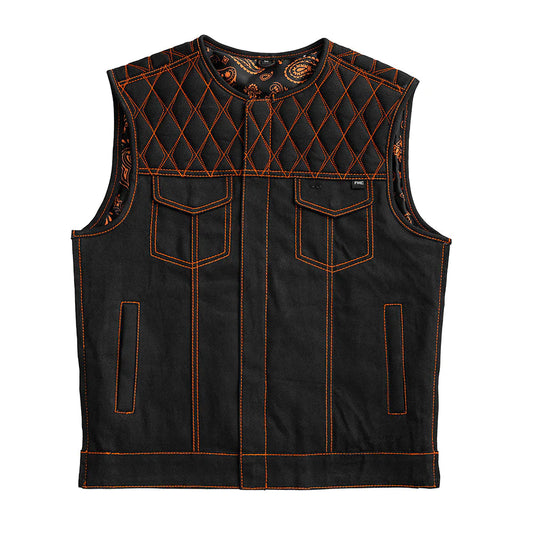 Dart Vest men's club mc style denim canvas motorcycle vest solid black with orange stitch paisley interior low collar