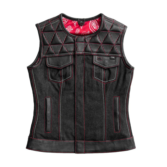 Delta Women's Club MC Style Black Denim and Leather Motorcycle Riding Vest with Pink Trim Quilted Top Paisley Interior low collar