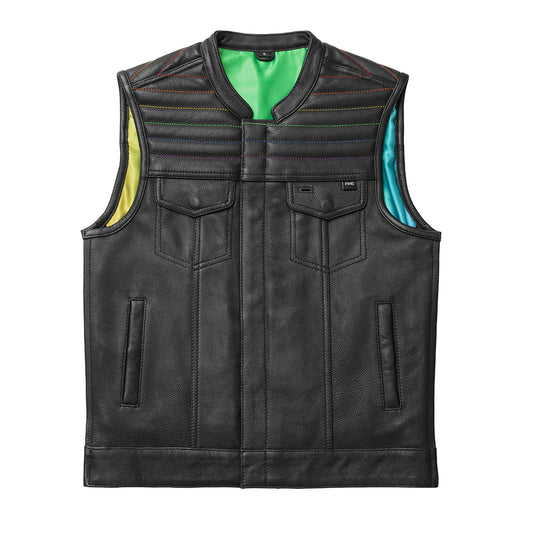 Dio Men's Black and Rainbow Club MC motorcycle leather vest with rainbow interior quilted top high banded collar double chest pockets