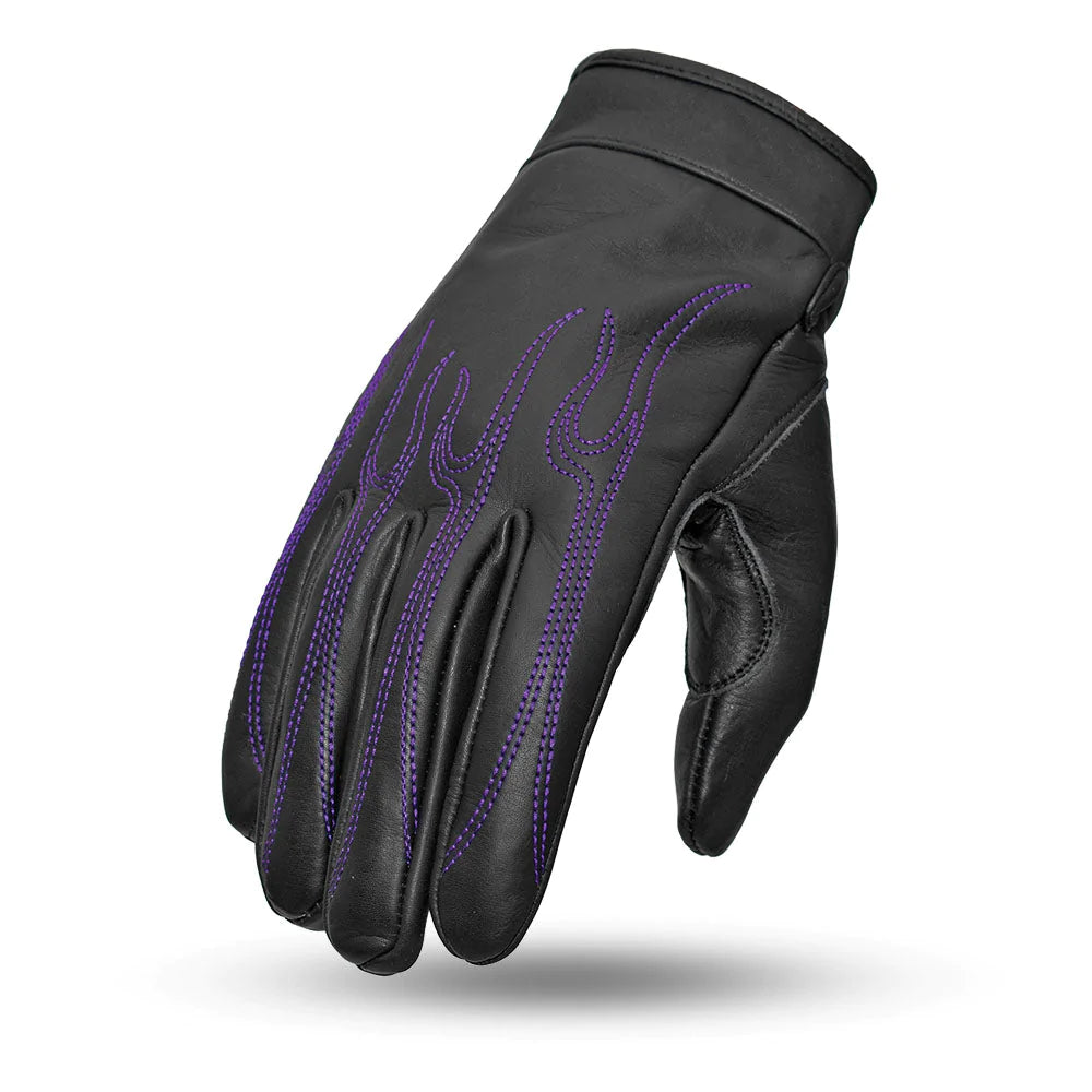 Inferno Women's Black Purple Flame Leather Motorcycle Gloves short cuff flame stitch design padded palm and fingers