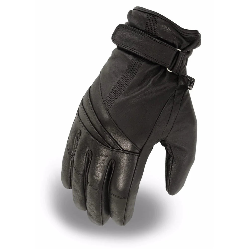 Glide Gel Women's Black Leather Waterproof Motorcycle Riding Gloves Short Cuff Velcro Wrist Padded Palms
