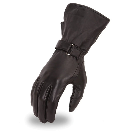 Open Road Black Motorcycle Leather Riding Gloves Tall Gauntlet Cuff Adjustable Velcro Wrist Gel Padded Fingers