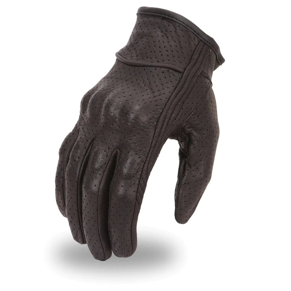 Razor Men’s lightweight fully perforated glove with rubberized knuckle protection for maximum air flow and protection, light lining with padded palm and adjustable wrist strap. It is made with Premium Aniline Goatskin Perforated Leather