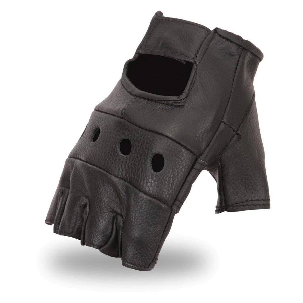 Roadster Men's Solid Black Fingerless Cowhide Leather Motorcycle Gloves Soft Liner Open Knuckles Gel Padded Palm