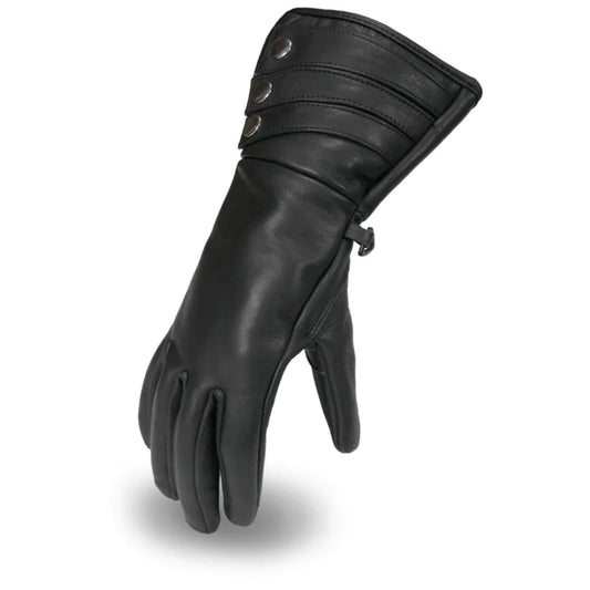 Madame Women's Black Leather Motorcycle Riding Gloves Gauntlet Cuff Decorative Snaps Gel Padded Palm and Fingers Insulated