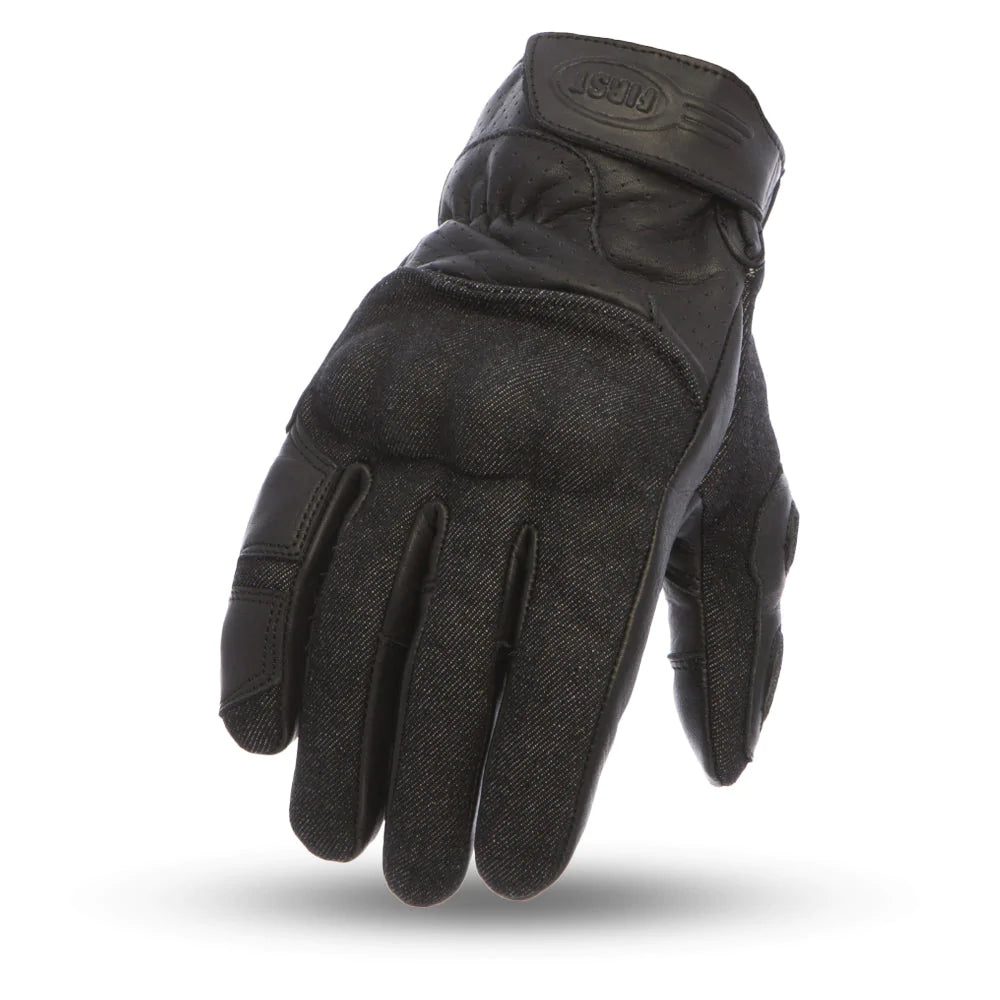 Men's two toned leather combo glove featuring rubber knuckles, Velcro wrist closure and touch tech finger. 