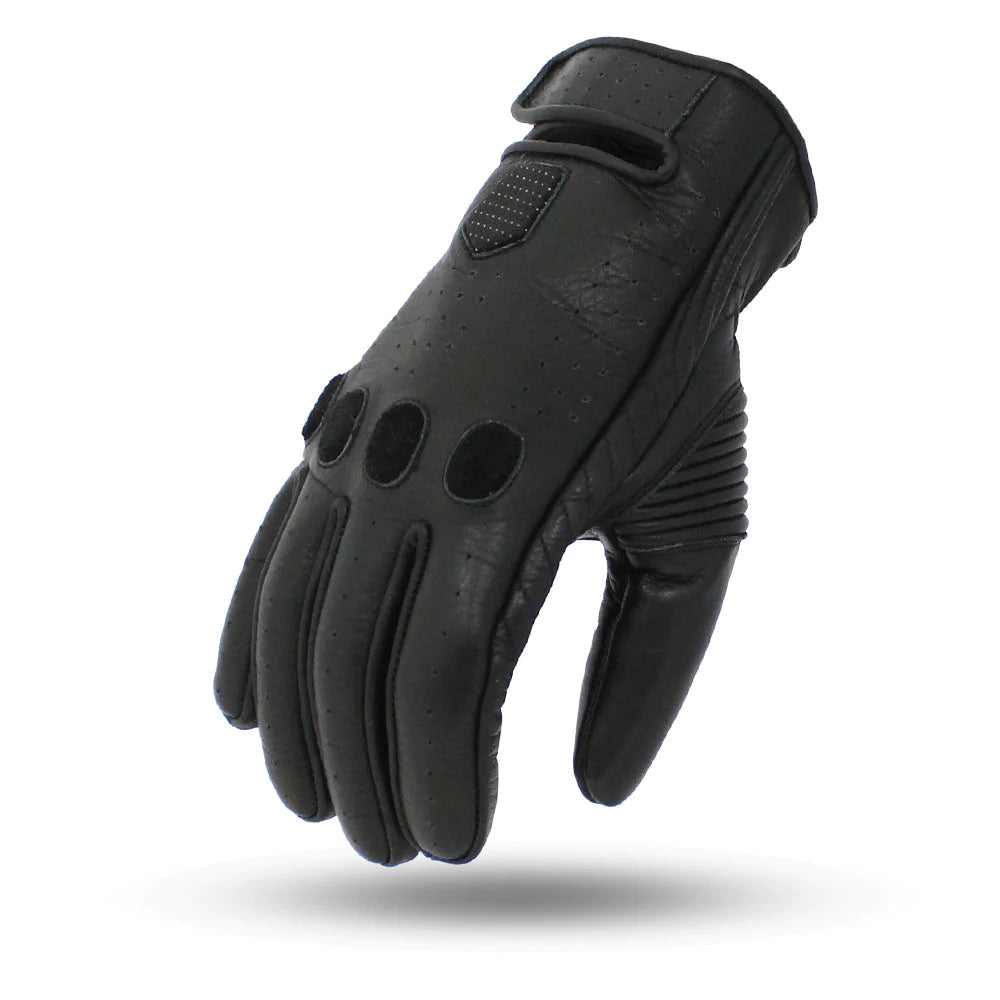 Pinnacle Solid Black Perforated Leather Motorcycle Racer Riding Gloves short cuff velcro wrist strap open knuckles full fingers gel padded palms fingers