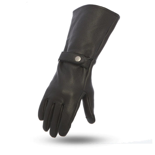 Phenom Gauntlet Black Leather Motorcycle Riding Gloves Long Gauntlet Arm cuff utility wrist with snap soft liner